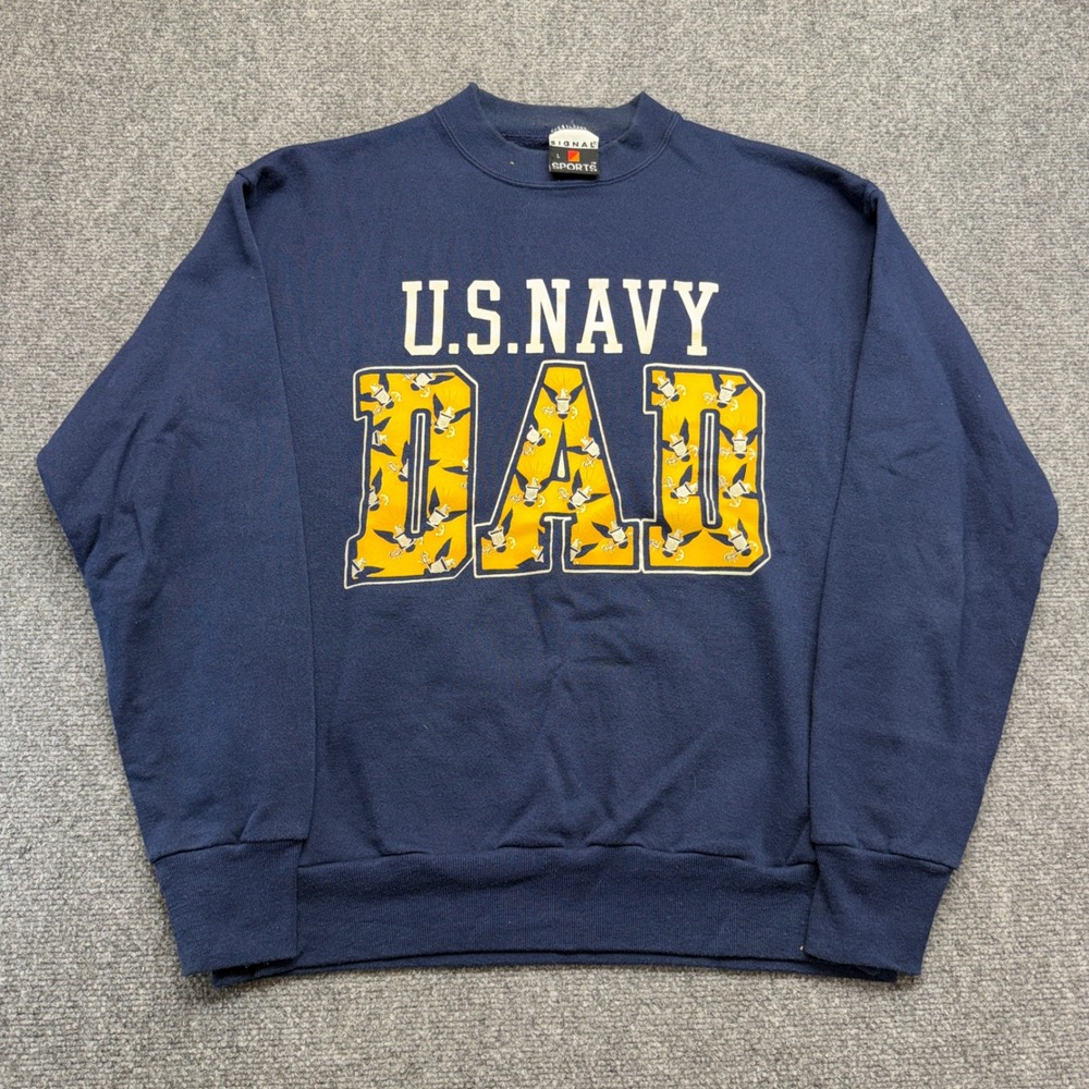 Signal Sports Mens US Navy Dad Sweatshirt Navy Blue Graphic Pullover Large
